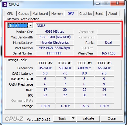 Информация об оперативной памяти в программе CPU-Z